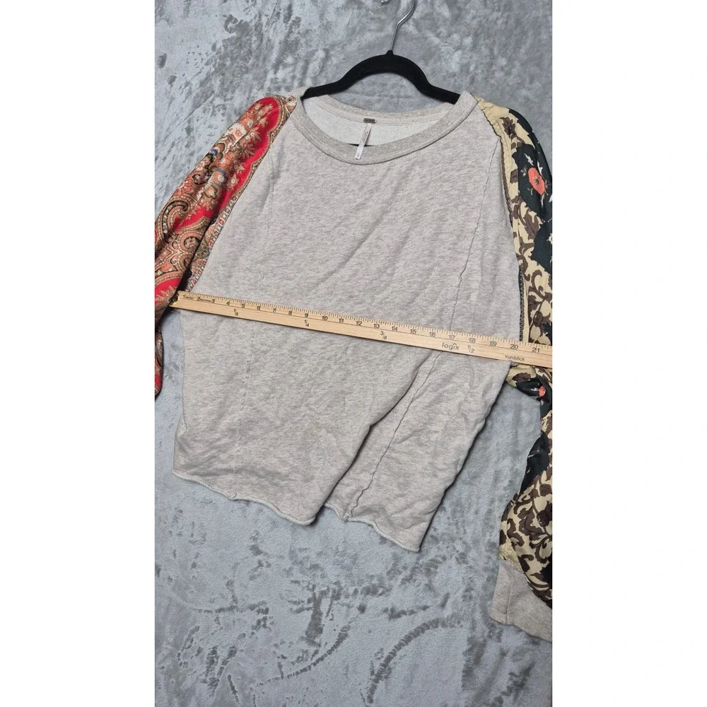 Free People Mixed Print Balloon Sleeve Sweatshirt Heather Grey Floral Paisley S